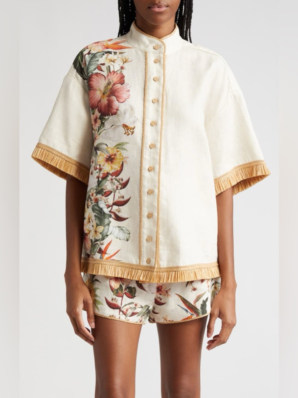 Zimmermann Lexi Tropical Floral Raffia Trim Button Up Shirt Ivory Palm 10 NWT